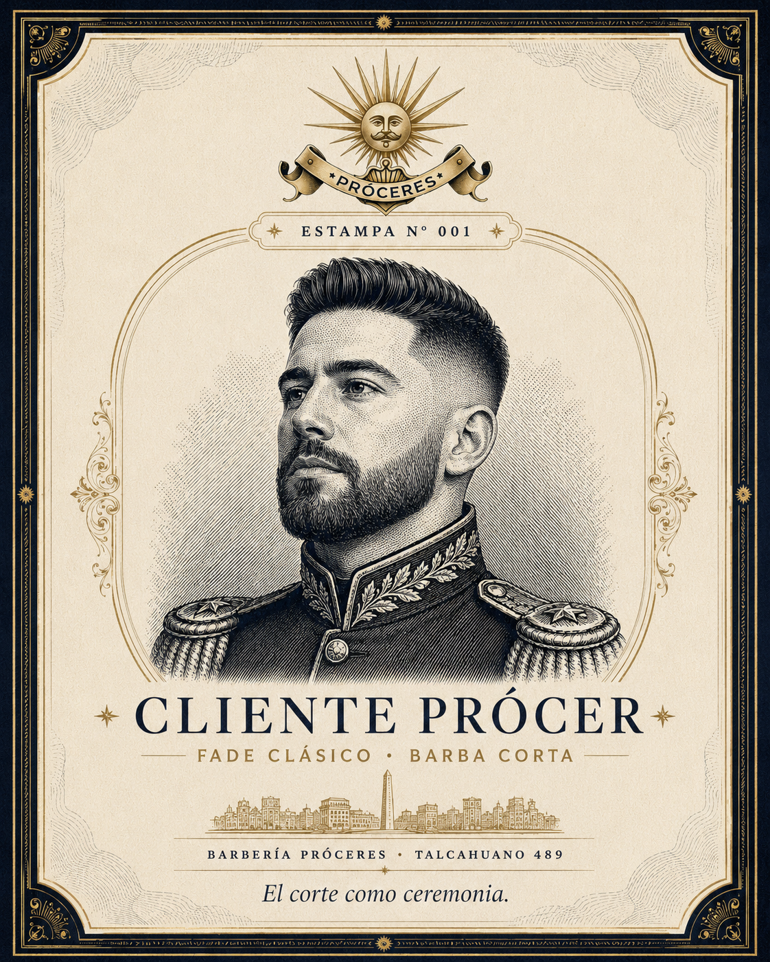 Estampa de un cliente prócer con fade clásico y barba corta, grabada a buril